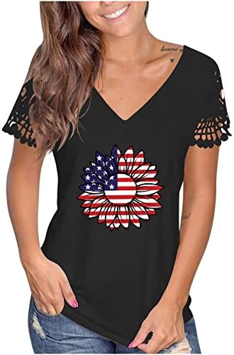 חולצת נשים 4 ביולי של נשים חמניות דגל אמריקאיות דפסות טייס חולצות חולצות יום עצמאות של שרוול קצר