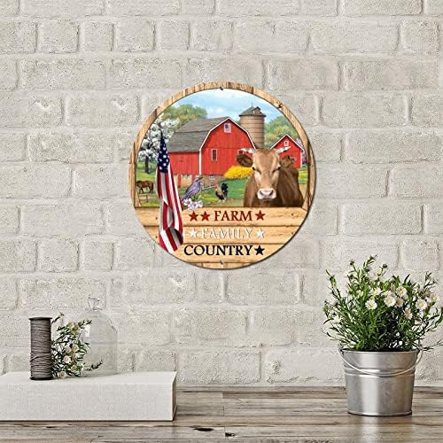 שלט מתכת עגול לוח כפרי עץ כפרי חוות חוות משפחת מדינה פטריוטית ארהב דגל ובעלי חיים חקלאים חדר מצחיק
