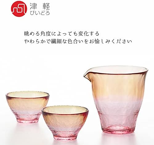 Aderia FS-71586 Tsugaru vidro Sake Sake Sake Sate, ורוד, צבע קטן, סט גביע סאקה, מגיע בתיבת מצגת, מיוצר
