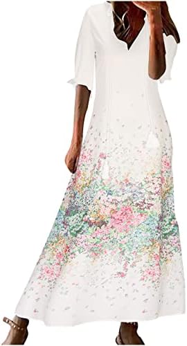 שמלת בוהו פרחונית של נשים שרוול קצר קז'ואלי V צוואר פרוע שמלות ארוכות 2023 שמלות מקסי זורמות של קיץ.