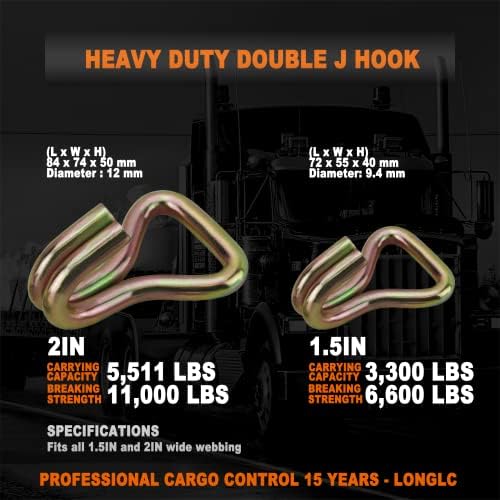 Longlc Double J Hook - עומס 11,000 פאונד - מתאים לרצועת רצועה של 2 אינץ ' - נגררים למשאיות מכונית - חבילה