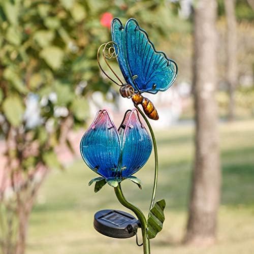תרזה של אוספים זכוכית צבעונים גן מתכת מוקד עם אורות שמש, פרח וציפורים שמש מופעל דשא קישוטי עבור