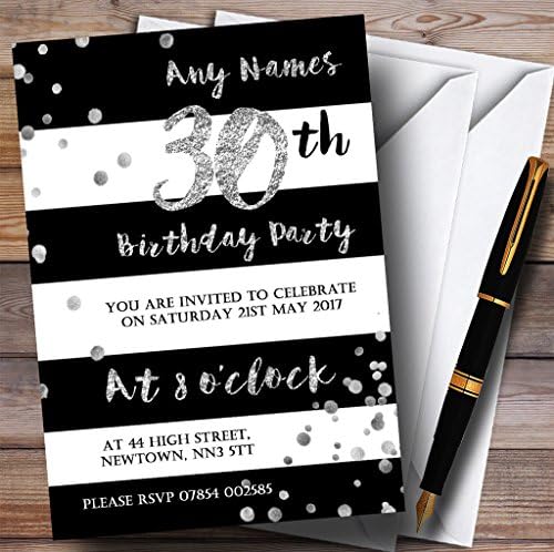 קונפטי כסף לבן שחור 30 הזמנות למסיבת יום הולדת בהתאמה אישית