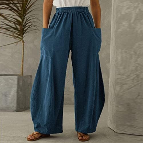 נשים מקרית פשתן מכנסיים קיץ חוף רחב רגל מכנסיים אלסטי מותניים רופף קצוץ מכנסיים עם כיסים