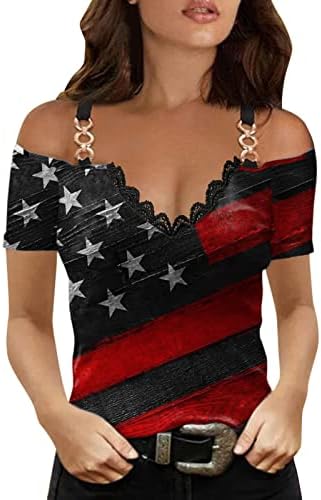 חולצות כתף קרה לנשים 4 ביולי חולצות סקסיות חולצות צוואר יום העצמאות סוודר חולצה שרוול קצר