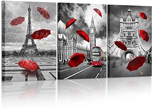 Kreative arts 3 חלקים מגדל אייפל שחור ולבן עם מטריה אדומה בציור רחוב פריז Big Ben בלונדון תמונה
