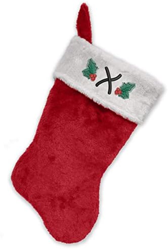 מונוגרמה אותי גרב חג המולד הראשוני רקום, קטיפה אדומה ולבנה, X ראשוני