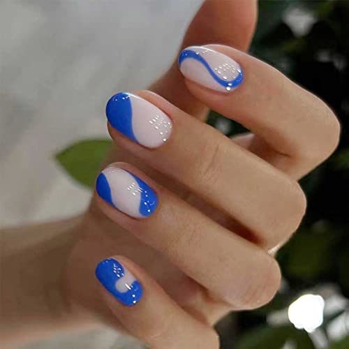 כחול לחץ על ציפורניים קצר, ציפורניים מלאכותיות אקריליק סגלגל מזויף ציפורניים מלאכותי אצבע מניקור לנשים ובנות-24