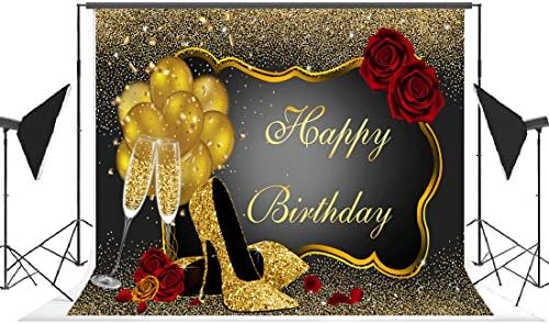 נצנצים זהב יום הולדת שמח רקע אדום רוז פרחוני בלוני זהב עקבים שמפניה זכוכית רקע לנשים קישוטי מסיבת יום הולדת אספקת