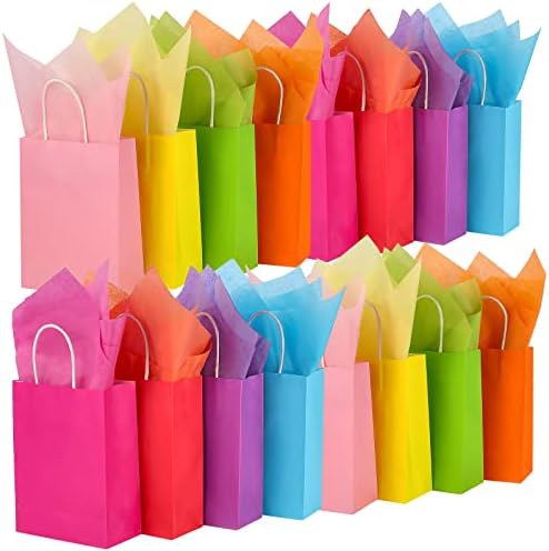Mukosel 32 שקיות מתנה עם 32 רקמות, 8 צבעים שקיות נייר מסיבת קשת עם ידיות, מושלמות ליום הולדת, חתונה,