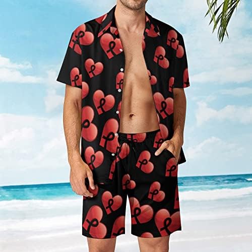 ברכת יום איידס עולמית חליפות חוף הוואי גברים של גברים שרוול קצר כפתור מודפס מכנסיים קצרים