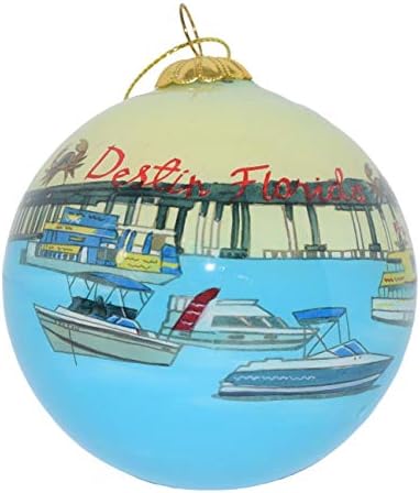 קישוט חג המולד מזכוכית מצוירת ביד-סירות ליד מזח-דסטין פלורידה