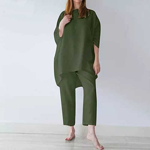 צבא ליים נשים ירוקות שתי חלקים ישר מכנסיים רגילים מכנסיים רופפים מכנסיים מעילים מעילים סטים פשתן סתיו מכנסי