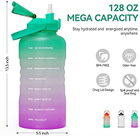 בקבוק מים 128oz גלון עם סמן זמן וקש, מגניב דליפה מוטיבציונית עם דליפה BPA כד מים חופשי עם קש