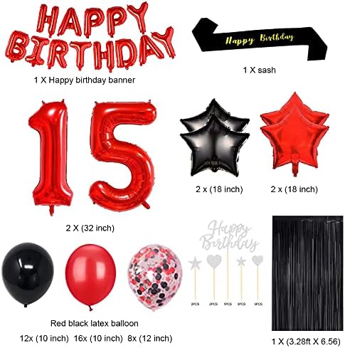 Fancypartyshop 15 קישוטי מסיבת יום הולדת 15 מספקים בלונים אדומים שחורים מאוחרים יותר