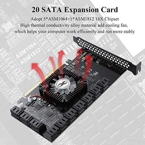 MZHOU PCI-E 20-PORT 16X 3.0 כרטיס הרחבה של SATA עם כבלי SATA וכבל חשמל SATA ， 6GBP