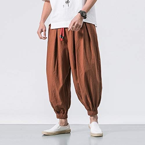 מכנסי הרמון של גברים בובט טרנדי צבע מוצק מזדמן שרוך מכנסיים אלסטיים ברגליים רחבות