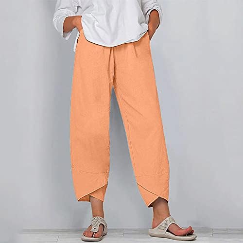 כותנה פשתן קאפרי מכנסיים נשים לנשים קיץ מקרית קאפרי מכנסיים עם כיסים רופף מתאים בוהו קומפי חוף מכנסיים