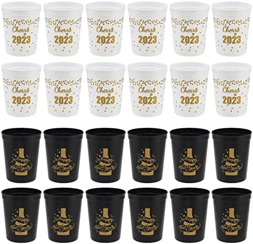 כוסות מסיבה לשנה טובה - 24 חפיסות חוזרות לשימוש חוזר, 16 גביע אצטדיון נופש פלסטיק, 2 עיצובים של שתייה חגיגית,