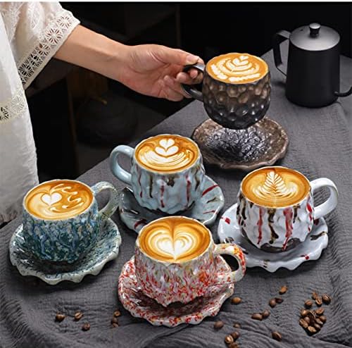 ספל קפה רטרו קרמי עם סט צלוחיות, כוס אספרסו צבעונית, כוס זוג יצירתי, חרס ספל עיצוב לא סדיר ייחודי למתנה, משרד