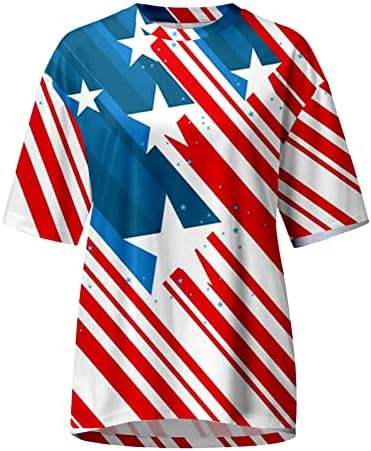 חולצות 4 ביולי נשים דגל אמריקה דגל אמריקה שרוול קצר שרוול צוואר טוניקה צוואר טוניקה כוכבי עניבה על חולצה רופפת