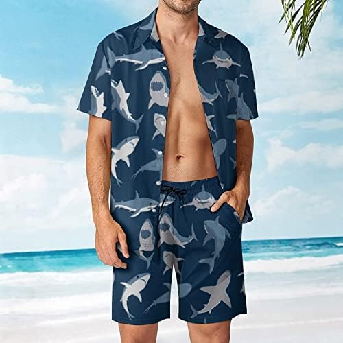 כרישי קאם כחולים דפוס תלבושות חוף של 2 חלקים כפתור הוואי