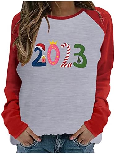 2023 צמרות ערב השנה החדשה לנשים חולצות חג מצחיקות חולצות שרוול ארוך מזדמן חולצות בלוק צבע סווטשירט
