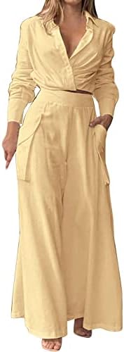 חליפות מכנסיים קטנים של Mfjeseaa לנשים לבושות שרוול ארוך חולצת אופנה גבוהה מותניים גבוהים מכנסיים מזדמנים