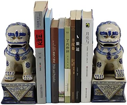 סינוויש יד צבוע כחול ולבן פורצלן מזל פו כלב צלמיות, אפוטרופוס האריה פסלי, כלב תומכי ספרים,סט של 2
