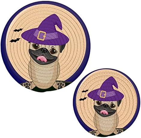 Alaza Halloween Pug Pug Dog in Hat Potholders Trivets Set כותנה מחזיקי סיר חמים סט רכבות בית חווה, רפידות חמות,