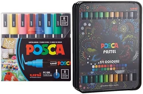 סט סמן צבע צבעוני של 8 צבעים, PC-5M בינוני + POSCA חום גמיש שמן ופסטלים מבוססי שעווה חבילה עם פיגמנטים