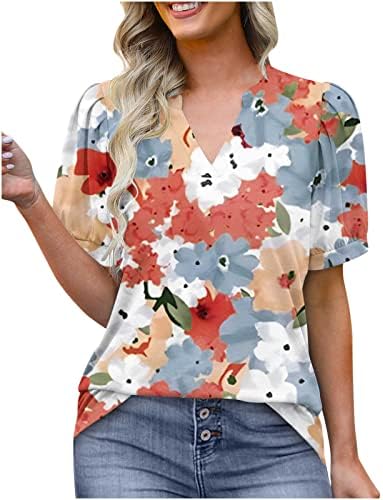 צמרות מודפסות פרחוניות של נשים קיץ V-Neck T חולצה