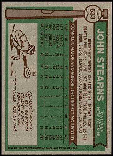 1976 Topps 633 ג'ון Stearns New York Mets NM+ Mets