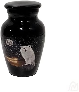 שומר מכס - זאב יפה עם ירח שמור על שריפת הזכוכית לאפר אנושי עם קופסת קטיפה ותיק קטיפה -מיני שומר על כד