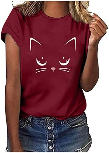 חתול מודפס חולצות לנשים קצר שרוול חולצות מקרית צווארון עגול טיז טוניקת אימון קיץ חולצות ג '