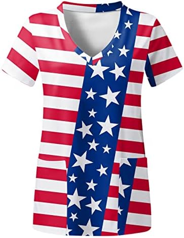 4 ביולי חולצות לנשים דגל ארה ב קיץ חולצת טי עם צווארון שרוול קצר עם 2 כיסים חולצות בגדי עבודה מזדמנים