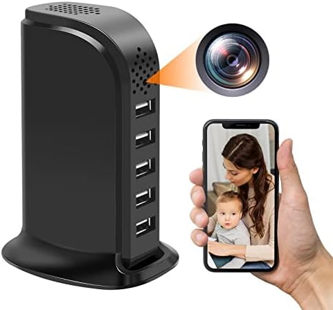 אמא מעניקה מטען USB של מצלמה נסתרת, מטען מצלמות ריגול עם 5 יציאות, 1080p מצלמת מיני WiFi עם הקלטת לולאת זיהוי