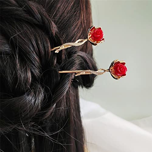 סיני סיכת ראש מתכת שיער מקלות רוז פרח קלאסי שיער מקלות אכילה כיסוי ראש לנשים 2 יחידות