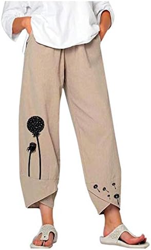 גופף נשים של קיץ קצוץ כותנה פשתן קפריס מכנסיים בבאגי הרמון מכנסיים עם כיסי פשתן מכנסיים לנשים קיץ