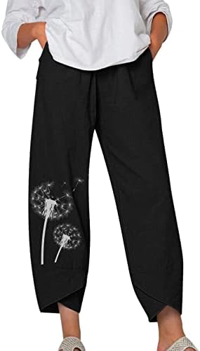 מכנסי קפרי מזדמנים לנשים כותנה כותנה פשתן קפרי צבע אחיד צבע ישר מכנסי טרנינג רחבים עם כיסים