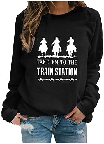 סווטשירט גרפי אתני וינטג 'של נשים קח אותם לתחנת הרכבת חולצת הדפס מכתבים מזדמנים