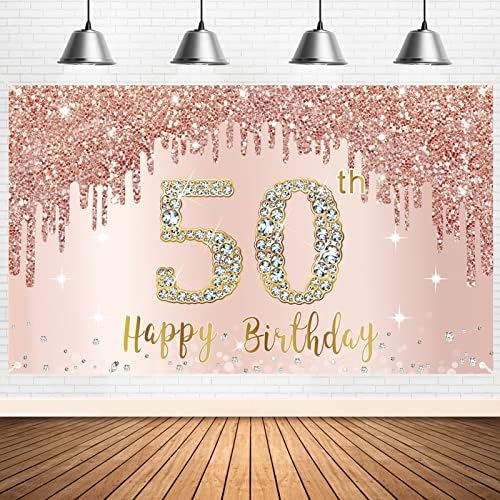 שמח 50 יום הולדת באנר רקע קישוטי עבור נשים, עלה זהב 50 מסיבת יום הולדת אספקת סימן, ורוד חמישים יום הולדת