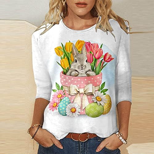 חולצת טס פסחא שמח של נשים ביצי פסחא מצחיקות חמוד 3/4 חולצות הדפס שרוול טי גרפי מזדמן