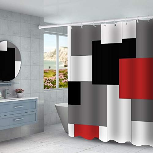 4 יח 'סטים וילון מקלחת אדומה גיאומטרית עם שטיחים שאינם החלקה, כיסוי מכסה אסלה ומזרן אמבטיה, אביזרים לעיצוב