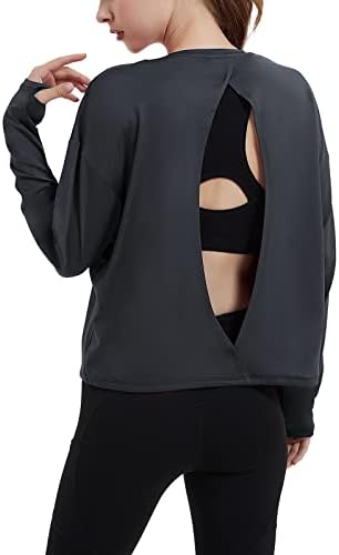 נשים שרוול ארוך אימון גב פתוח אימון יוגה חולצות עם חור אגודל- צוואר הצוואר ללא גב אתלטי רופף כושר חדר כושר חולצה