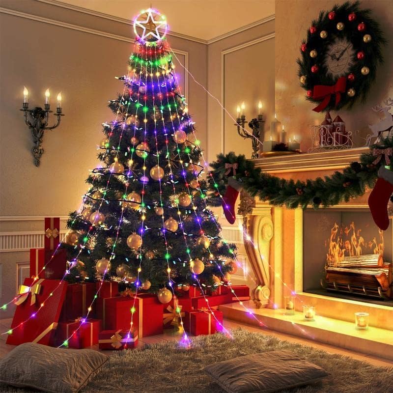 קישוטי חג המולד חיצוניים אורות עץ עם מרחוק, 10.4ft 324 אורות מפל ארוכים 8 מצבים וטיימר אורות מיתרים לחג