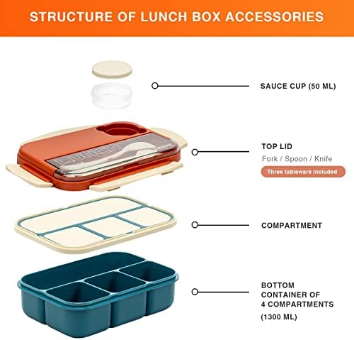 קופסת אוכל בנטו ללא חורים עם כלים, מיכל ארוחת צהריים חסין דליפות 1300 מ ל עם שקית אוכל לילדים למבוגרים, מיקרוגל