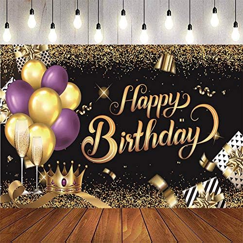 יום הולדת שמח רקע באנר שחור סגול זהב בלון פולי כתר לוגו פוסטר תא צילום רקע 70.8 על 45.2 אינץ
