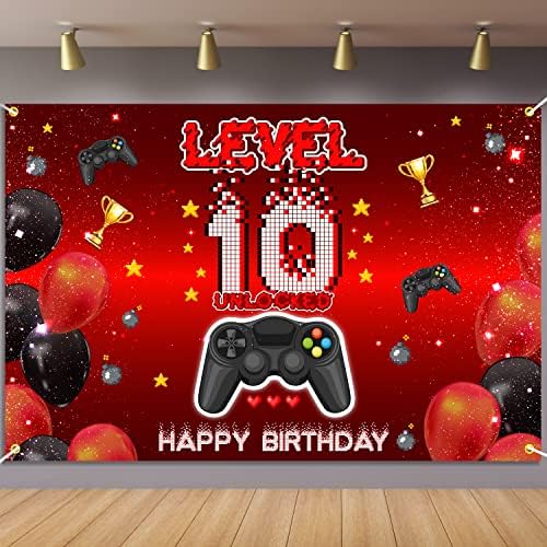 רמת 10 סמארטפון רקע באנר קישוטי וידאו משחק על שמח יום הולדת 10 עבור בני ילדים אדום ושחור 10 שנים רמת