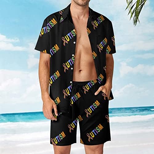 WEEDKEYCAT אוטיזם תלבושות חוף לגברים 2 חלקים כפתור הוואי מטה חולצה עם שרוול קצר ומכנסי תא מטען קצרים